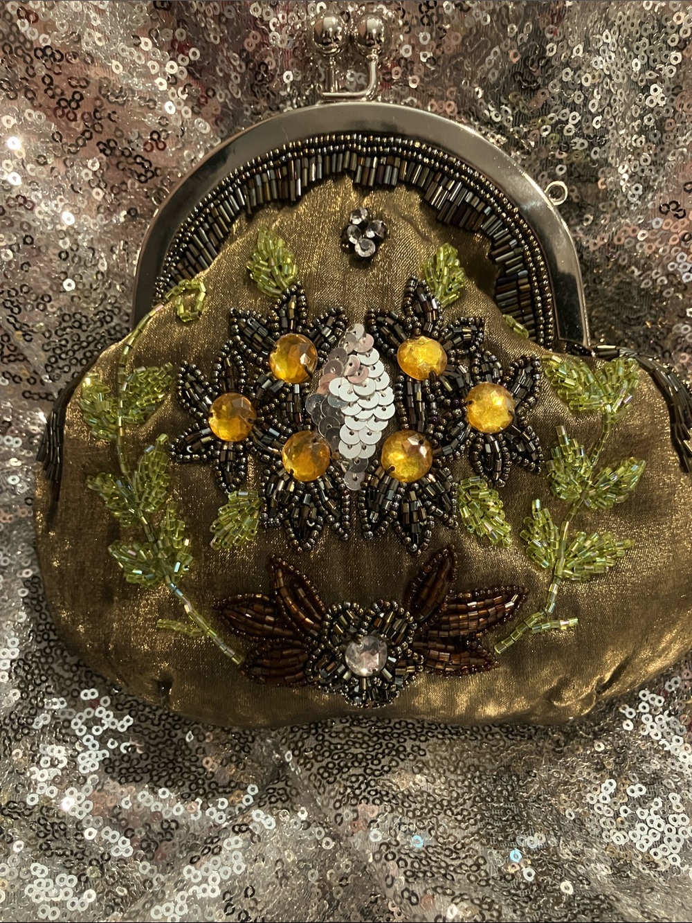Embroidered Olive Green Beaded Clutch - Picture 3 of 8